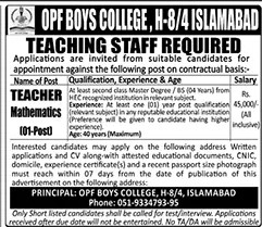 OPF Boys College Islamabad Jobs 2025